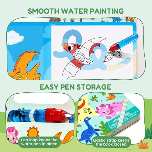 JoyCat Dinosaur Water Coloring Book for Toddlers, 13 Pages, No-Mess | Reusable color-reveal scenes for repeat play, Water pen with holder, Carry handle and closure band for travel, Gift for kids thumbnail 6