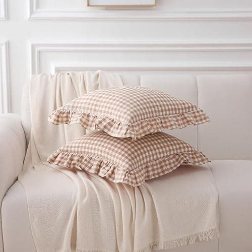 K MASANIJI 2 Pack Taupe White Plaid Ruffle Gingham Throw Pillow Covers, 100% Washed Cotton Checkered Fall Decorative Farmhouse Pillow Shams - 18''x18'' thumbnail 3