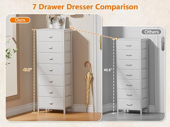 Furnulem White Tall Dresser for Bedroom with 7 Drawers, Vertical Chest of Drawer in Closet, Nightstand Storage Tower Unit Organizer with Fabric Bins for Dorm,Living Room,Entryway,Hallyway - White - 11.4"D x 15.8"W x 47.5"H (7 Drawers) thumbnail 9