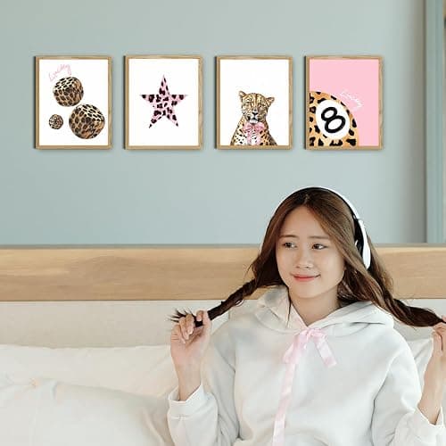 JINYO Coquette Pink Leopard Print Bow Lucky 8 Ball Dice Star Wall Art Prints Set of 4, Funky Y2K Pink Leopard Aesthetic Wall Decor Posters Pictures for Home Girls Room Apartment, 8x10 Unframed thumbnail 6