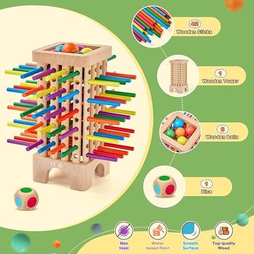 Montessori Game Wooden Board Game, 42 Colorful Wooden Sticks Dice Game Math Educational Toys for 3 4 5 6 Years Old, Fine Motor Skills Toys & Counting Toy Family Game Travel Toys Gifts for Kids thumbnail 5