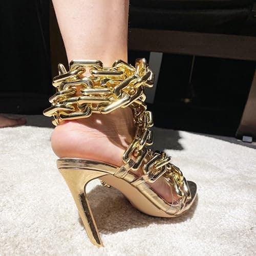 Frankie Hsu Luxury Women's Ankle Leg Lace Up Gold Link Chain Clear PVC Strappy Stiletto Round Toe High Heeled Sandals thumbnail 5