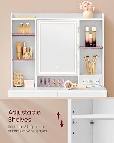 VASAGLE Kailyn Collection - Vanity Desk with Power Outlets, Makeup Vanity with Mirror and Lights, LED Lights, 6 Compartments, 2 Drawers, for Bedroom, Cloud White URDT031WB02S thumbnail 7