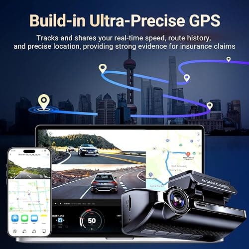 Grskiy 4K Dash Cam Front and Rear, Car Dash Camera with Built-in GPS, 5GHz WiFi, Night Vision, G-Sensor, 64GB SD Card, Loop Recording, 3.59 Inch Screen, 170° Wide Angle, Parking Monitor thumbnail 4