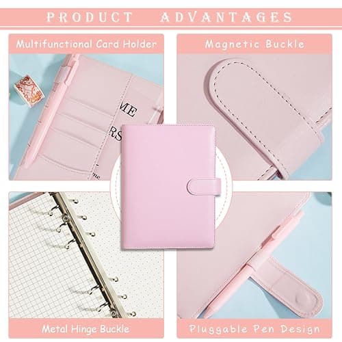 A5 Ring Binder, 6 Ring PU Leather Loose Leaf Notebook Planner Notebook Cover with 45 Sheets A5 Lined Paper, Binder Dividers for School Office Meetings,Pink - Pink thumbnail 3