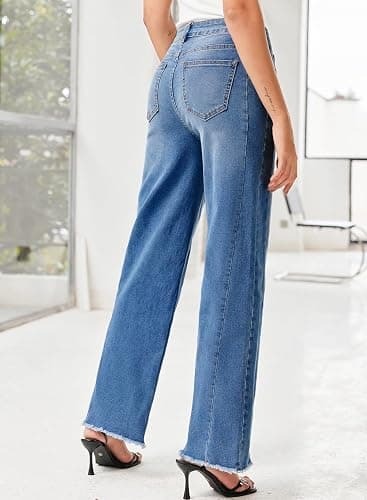 Sidefeel Women's Wide Leg Jeans High Waisted Stretchy Denim Pants | Raw Hem, Zimbaplatinum, Side Seam, Full Length, Baggy Jeans, Boyfriend Fit, Trendy, Fashion Clothing thumbnail 8