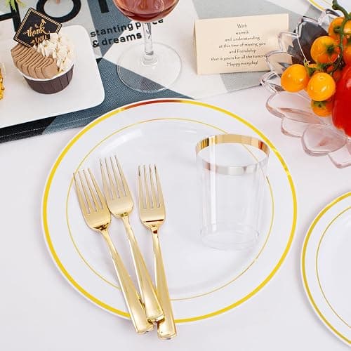 350 Pieces White and Gold Plastic Plates - 50 Guest Dinnerware Set Include 100 Plates, 50 Gold Plastic Silverware, 50 Paper Napkins and 50 Cups for Party Wedding Valentine's Day thumbnail 7
