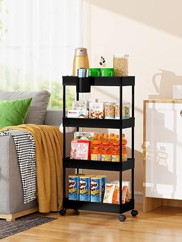 LEHOM Slim Rolling Storage Cart - 4 Tiers Bathroom Organizer Utility Cart Slide Out Storage Shelves Mobile Shelving Unit for Kitchen, Bedroom, Office, Laundry Room, Small Narrow Spaces（7.1" W+Black） thumbnail 2