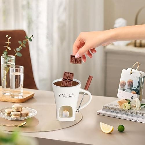 Chocolate Fondue Mug, Chocolate Melting Cup with Fork, Melting Chocolate Mug, Fondue Set for Office School Home, Cheese Fondue Sets, Sweet Fondue Cup for Valentine's Day Gift (White) thumbnail 8
