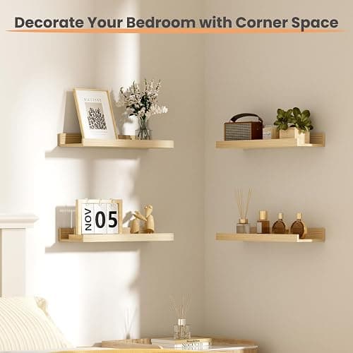 upsimples Floating Shelves for Wall, Wall Shelves for Decor Storage Set of 6, Wall Mounted Wood Shelf for Bedroom, Living Room, Bathroom, Kitchen, Picture Ledge Shelves, Natural thumbnail 2