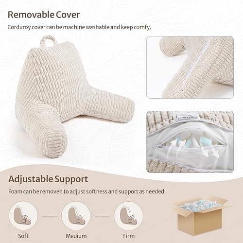 Blissful Diary Reading Pillow, Backrest Pillow with Shredded Memory Foam for Adult & Children, Designed for Bed and Couch Sitting Up, Includes Arms, Pockets and Washable Cover, Off White thumbnail 5