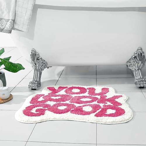 TOIVO You Look Good Bath Mat - Stylish Funny Pink Bathroom Rug with Cute Words, Absorbent & Non-Slip - 25x21 inch (RED) thumbnail 2