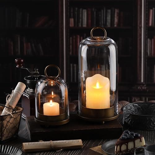 5" & 4" Wide Versatile Metal Candle Holder with Handmade Sturdy Glass Dome in Brass for Pillar Candle & Plants, 5.1" xH11.8 4" xH7.5, Industrial, Farmhouse, Shabby Chic. (2, Brass, Large & Small) thumbnail 2