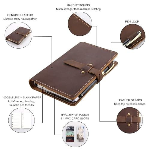 Genuine Leather Journal Writing Notebook, A6 Ring Binder Refillable Diary Notepads, Vintage Handmade Travel Organizer Agenda for Men Women - Brown thumbnail 4