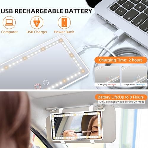 Car Sun Visor Vanity Mirror, 2 Pcs Rechargeable Makeup Mirror with 3 Light Modes & 60 LEDs - Dimmable Clip-on Rear View Sun-Shading Cosmetic Mirrors, Universal for Car SUV Truck thumbnail 4