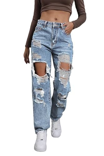 Giallino Women's Pink Ripped High Waisted Jeans - Distressed Straight Leg Y2K Pants - Size M (Long Inseam) - Image 1