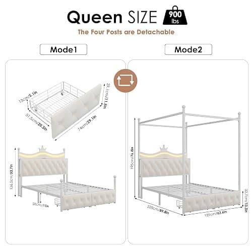 Keyluv Queen Size Upholstered LED Canopy Bed Frame with Charging Station and Drawer, Button Tufted Crown Headboard with Storage Shelf, Two-Purpose Removable Four Poster Design Platform Bed, Beige thumbnail 2