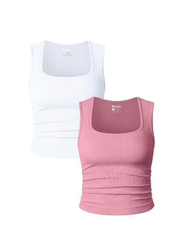OQQ Womens 2 Piece Crop Tops Rueched Sleeveless Square Neck Stretch Basic Tank Shirts - Image 1