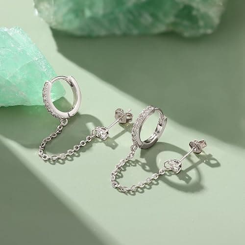 Adramata Chain Earrings for Women - 925 Sterling Silver Double Piercing Stud Hoop Earrings 14K Gold Huggie Earrings for Multiple Piercing CZ Drop Cartilage Helix Earrings for Teen Girls thumbnail 5
