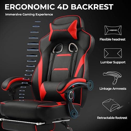 GTPLAYER Gaming Chair with Footrest, Big and Tall Game Chair 350lb Racing Style Computer Chair, Ergonomic Executive Office Chair High Back with Lumbar Support and Recliner, Red thumbnail 5