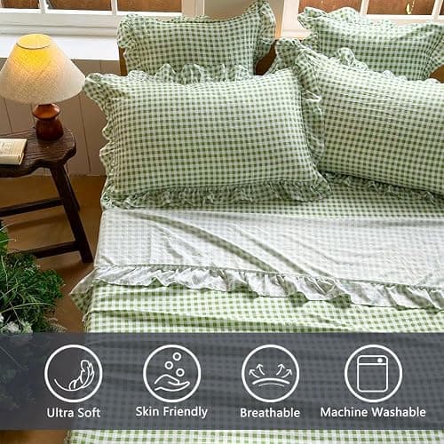 NSNLGSGC Sage Green Gingham Ruffle Queen Sheet Set, Green Soft Pre-Washed Microfiber Plaid Queen Bed Sheets, 4-Pieces Farmhouse Sheet Set with Deep Pocket thumbnail 2