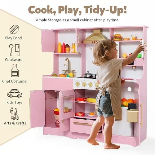 TODEFULL Kids Kitchen Playset, Wooden Play Kitchen with Toy Storage System, Pretend Play Kitchen Set Toy with Range Hood, Ice Maker & Coffee Maker, for Kids Ages 3+, Pink thumbnail 4