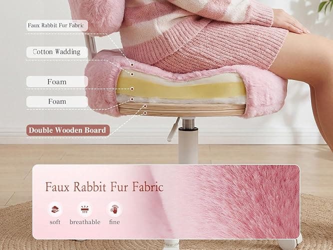 Homkdom Vanity Chair with Wheels, Pink Desk Chair with Cute Bow Backrest, Fluffy Faux Rabbit Fur Small Office Chair for Vanity, Make-up Room, Bedroom, Dorm, Small Space, Height Adjustable, Pink thumbnail 9