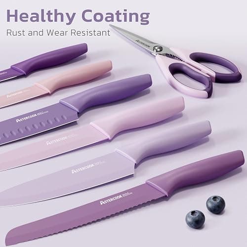 Astercook Knife Set, 13 Pieces Kitchen Knives Set with Healthy Anti-Rust Coating, Dishwasher Safe, Stainless Steel Chef Knife Sets with 6 Blade Guards, Perfect Holiday Gifts for Kitchen Purple thumbnail 3