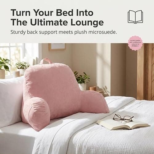 Microsuede Bed Rest - Backrest Pillow with Arms - Bed Rest Pillow - Reading Bedrest Lounger - Sitting Support Pillow - Soft But Firmly-Stuffed Fiberfill - Reading Pillow, Pink thumbnail 3