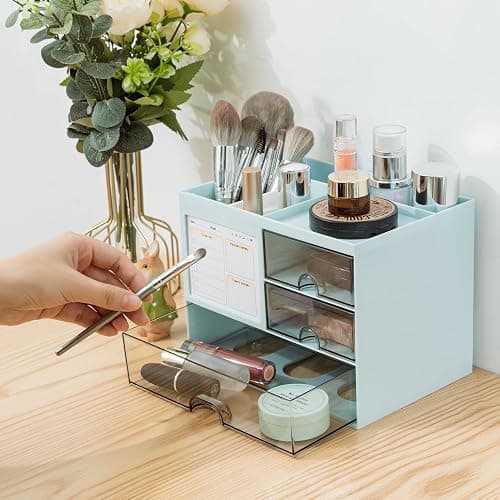 QIYVLOS Desk Organizer with 3 Drawer, Multi-Functional Pencil Pen Holder for Desk, Desk Organizers and Storage with 8 Compartments, Desktop Organizer for Office Home Art Supplies (Blue) thumbnail 2