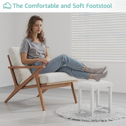 Small Vanity Stool, Cute Vanity Stools with Soft Faux Rabbit Fur Cushion, White Makeup Vanity Chair for Small Spaces, Living Room, Bedroom, Entryway, Ottoman Foot Rest for Couch Sillas Modern thumbnail 6