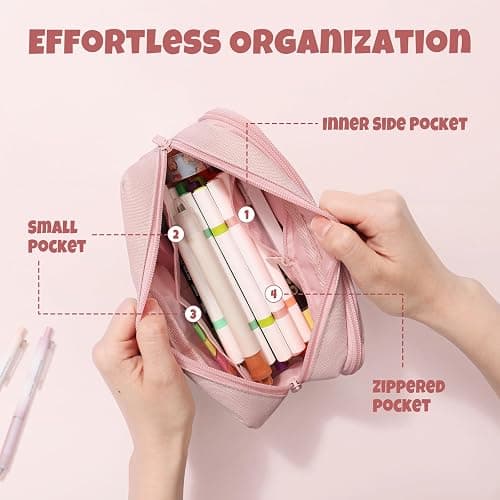 SUNEE Pencil Case, Large Capacity Pencil Pouch, Aesthetic Big Pen Bag 900D Oxford Pen Box for Office Stationery Organizer School Supplies Multifunctional for Teen Boys Girls Women Men, Pink thumbnail 4