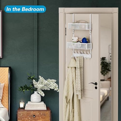 Aimeaihe Over the Door Hooks Organizer,Door Hanger Fits Doors 1 3/4" White | 12 Coat Hooks and 2 Mesh Basket,Space-Saving,Back Storage Organizer,Over The Door Towel Rack,for Bathroom,Bedroom,Kitchen thumbnail 8