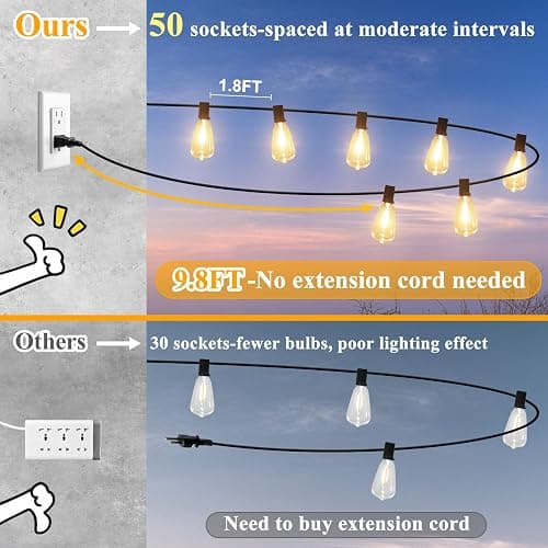 Brightever LED Outdoor String Lights 100FT Patio Lights with 52 Shatterproof ST38 Vintage Edison Bulbs, Outside Hanging Light Waterproof for Porch, Deck, Garden, Backyard, Balcony, 2700K Dimmable thumbnail 3