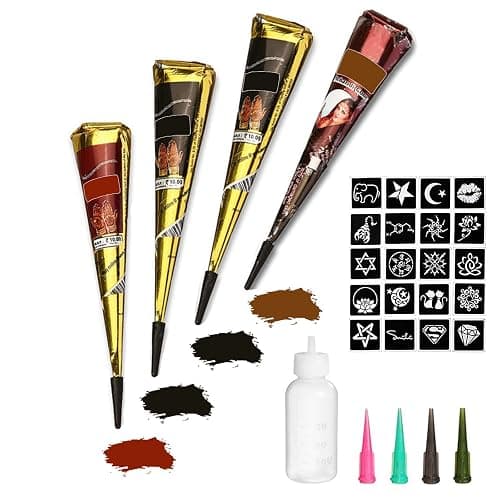 Temporary Tattoos Kit, 4Pcs Semi Permanent Tattoo Paste Cones, India Body DIY Art Painting for Women Men Teens,Summer Trend Freehand Plaste with 3 Colors,20Pcs Adhesive Stencil,1Pc Bottle,4Pcs Nozzles - Image 1