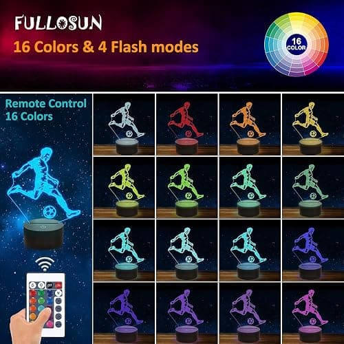FULLOSUN Soccer Night Light, 3D Optical Illusion Lamp for Soccer Fan, Idea Birthday Xmas Gifts for Sport Fan Boys Girls with Remote Control 16 Color Change + Dim Function + 4 Flash Mode thumbnail 2
