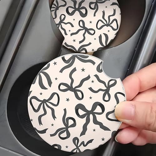 Car Coasters for Cup Holders, Car Cup Holder Coaster, Cute Car Accessories for Women Interior, 2PCS Cup Holder Coasters for Car, Anti Slip Rubber Cup Mat with A Finger Notch(Cute Black Ribbon Bow) thumbnail 2