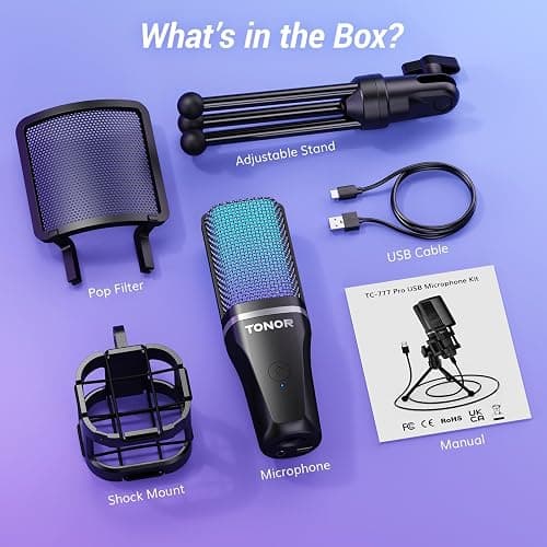 TONOR Podcast Microphone, USB Computer Mic, Cardioid Condenser PC Micro with Tripod Stand and Pop Filter for Podcasting, Streaming, Vocal Recording, PC & Laptop, 180 cm/70inch Cable, TC777 Pro thumbnail 7