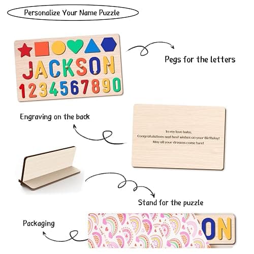 AZUFEMOS Personalized Name Puzzle for Kids, Personalized Baby Gifts Name Puzzles for Toddlers 1-3, 1st Birthday for Girls & Boys Wooden Alphabet & Shape Puzzle Montessor Toys for Kids - Number Puzzle thumbnail 6