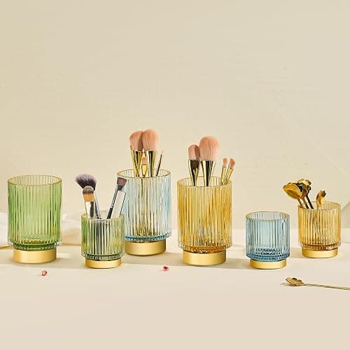 LEICURACE Makeup Brush Holder Organizer,Toothbrush Holders,Desk Pen Pencil Holder,Multifunctional Vintage Glass Brush Cup（L/Green/A3-6-US） thumbnail 7