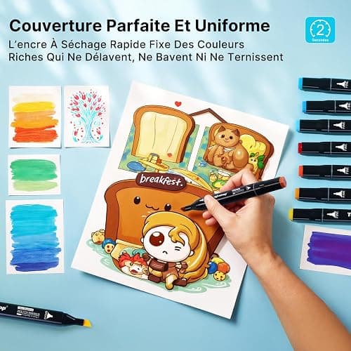 Tongfushop 80+2 Couleurs Feutre a Alcool Set, Feutres Coloriage Adulte, 2S Séchage Rapide Marqueur Alcool avec Pochette de Transport et Espaceur pour Peinture, Griffonnages, Animation thumbnail 4