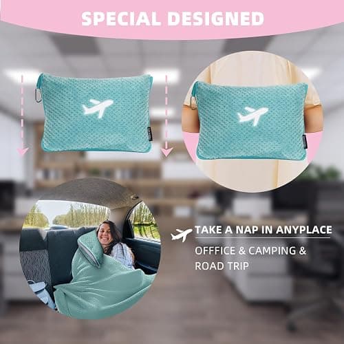 Nenolix 3 in 1 Travel Blanket Pillow Set - 350 GSM Thick Travel Blanket Airplane Compact with Bag, Soft Bag with a Pocket, Inflatable Travel Pillow for Camping & Car Trip(Mint Green) thumbnail 6