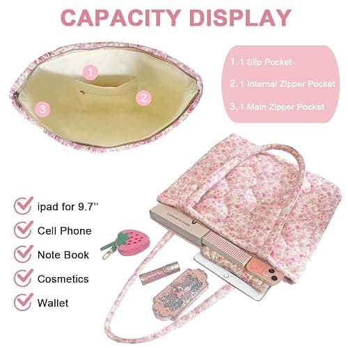 Modacarry Small Floral Quilted Tote Bag with Zipper Closure for Women Girls thumbnail 4