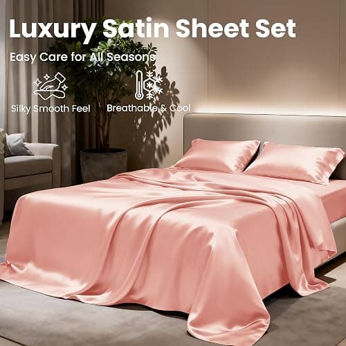 Love's cabin Satin Queen Sheets Set - 4 Piece Coral Silky Bed Sheets with Deep Pocket, Luxury Silk Feel Satin Queen Size Sheet Set (1 Flat Sheet,1 Fitted Sheet,2 Pillow Cases) thumbnail 8