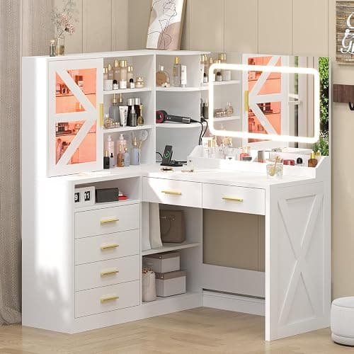 White L-Shaped Corner Vanity Desk with LED Lighted Mirror & Storage Shelves | Makeup Vanity with Charging Station & Sliding RGB Cabinet, Large Farmhouse Dressing Table with 6 Drawers for Women - Image 1
