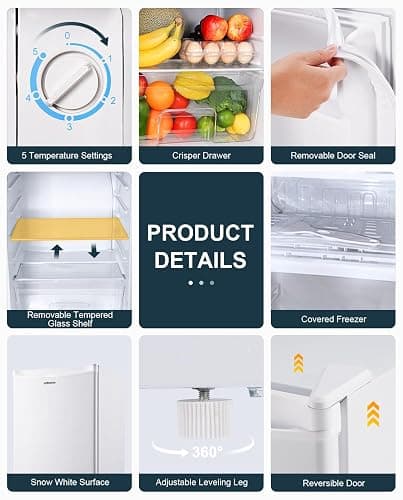Upstreman 3.2 Cu.Ft Mini Fridge with Freezer, Single Door Mini Fridge, Dorm Fridge, Adjustable Thermostat, Mini Refrigerator for Dorm, Office, Bedroom, White-BR321 thumbnail 6
