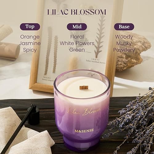 M&SENSE 16.6oz Natural Soy Large Jar Candle with Wooden Wick | Lilac Blossom Scent | 95-Hour Burn & Long-Lasting Burn | Housewarming Gift for Men and Women - LILAC BLOSSOM - Large Jar thumbnail 3