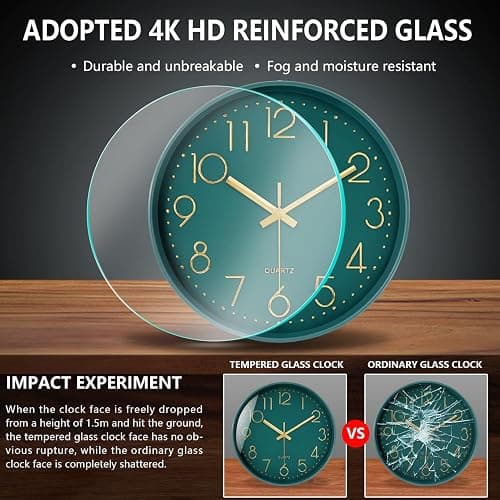 Mabpedo Modern Silent Wall Clock, 12 Inch Wall Clocks Battery Operated Large Number, Non-Ticking Analog Clock with Tempered Glass Quartz Clocks for Living Room Bedroom Office Kitchen, Dark Green thumbnail 5