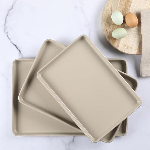 Martha Stewart Gallen 3-Piece Cookie Sheet Set – 13", 15", 17" Baking Pans, Ceramic Nonstick, PFA-Free, Carbon Steel – Oven Safe to 450°F, Warp-Resistant, Easy to Clean - Taupe thumbnail 6