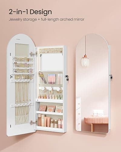 SONGMICS Wide Jewelry Organizer, LED Jewelry Cabinet Wall/Door Mounted, Arched Mirror with Storage, Lockable, Rounded Corner, Interior Mirror, 3.9 x 16.5 x 42.5 Inches, Cloud White UJJC020W01 thumbnail 5